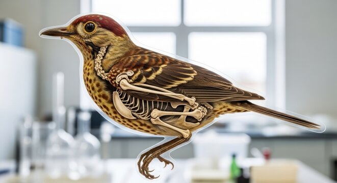 Anatomical Bird Specimen Detailed View of Avian Skeleton and Feather Structure.