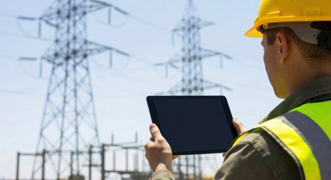 A man in a hard hat and high-visibility vest views a digital tablet at an electrical power station with transmission towers.