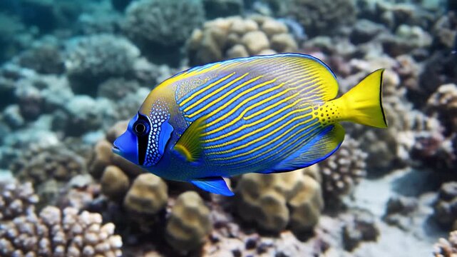 Emperor angelfish swimming over coral reef in tropical ocean