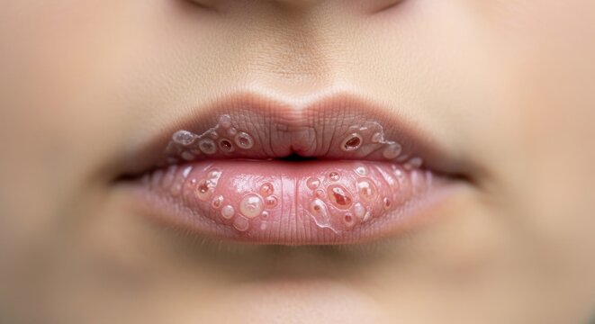 Closeup of chapped lips showing dryness and skin peeling medical condition.
