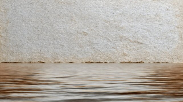Minimalist composition featuring a rough textured beige backdrop meeting calm reflective water