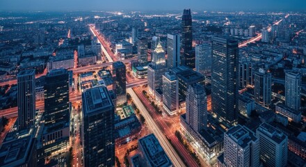 Obraz premium Aerial view of a modern city at dusk with illuminated buildings and roads.