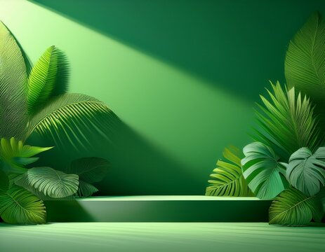green background with tropical leaves and their shadow on the walls empty studio for presentation product demonstration