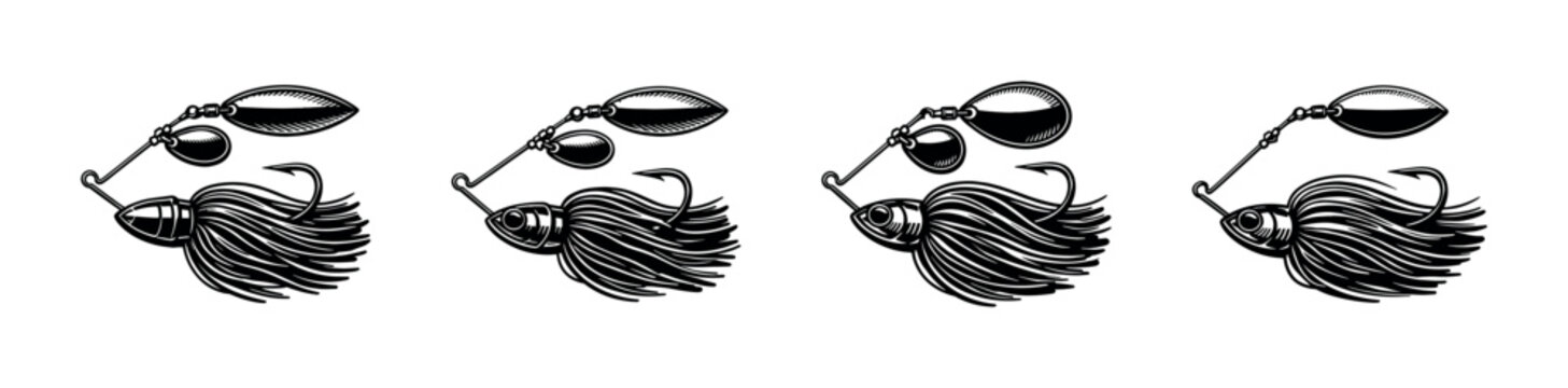 Black and white vector illustration of fishing lure silhouettes with hook and spinner