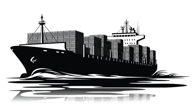 black silhouette of a large container ship with stacked cargo containers sailing on water with waves high quality professional detailed modern elegant stylish clean