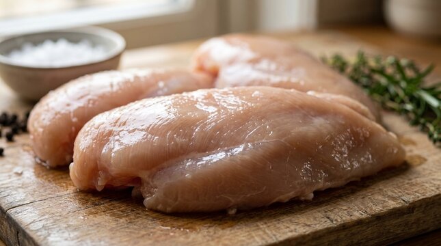 Raw chicken breast fillets with moist glossy surface macro photography shallow depth of field soft diffused natural light detailed food texture. Poultry.