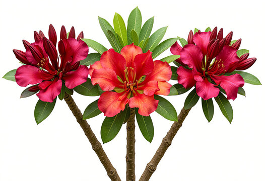 Set of 3 African Tulip Tree blooms isolated PNGs, flawless alpha cutout, crisp edges, natural color fidelity.