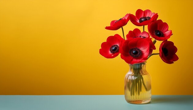 vibrant red anemone bouquet in a clear vase positioned on the right against a bright yellow background creates a striking visual contrast