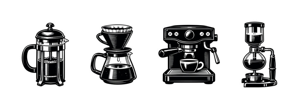 Vintage coffee brewing equipment illustration set, featuring espresso machine, pour over, french press, and siphon