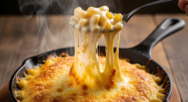 A spoon pulling up a stretchy, gooey cheese pull from a cast-iron skillet of baked mac and cheese.