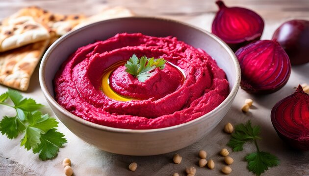 vibrant red beet hummus serves as a delightful pureed dip perfect for pairing with veggies or pita enjoy the rich flavor and nutrition of this red beet hummus in any gathering