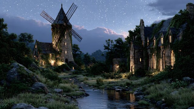 Old European flour windmill at night, its ancient stone walls wrapped by ivy, surrounded by dense greenery, a quiet creek flowing beside it, calm rural atmosphere, timeless countryside scene 