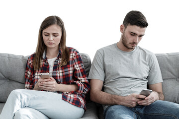 Plakat Young couple showing disinterest in each other after quarrel, each one using their phones