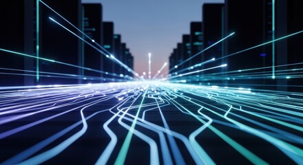 Fototapeta premium Digital Cityscape Futuristic Network of Data and Information Flow.