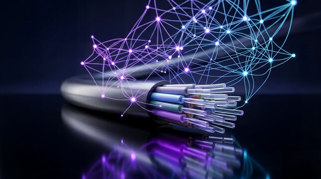 Macro fiber optic cable with a glowing purple and cyan holographic network mesh representing high speed telecommunications and neural networks.