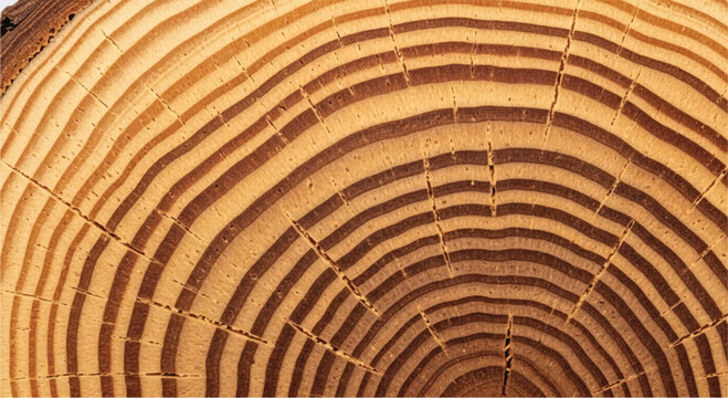Wood grain cross section. Wood texture of cut tree. Closeup of tree trunk rings. 