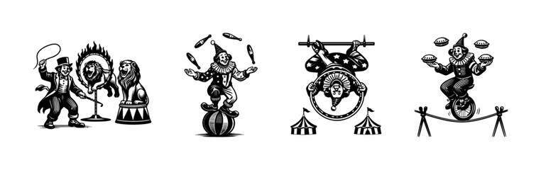 Circus performer vector illustration circus tent lion tamer juggler black and white silhouette elements © UnIcons