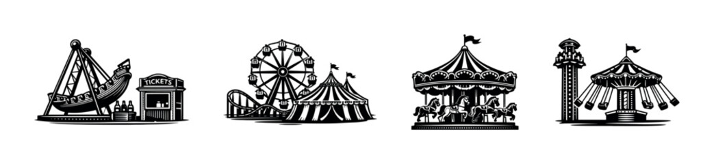 Black and white amusement park themed illustrations featuring ferris wheel carousel and rides © UnIcons