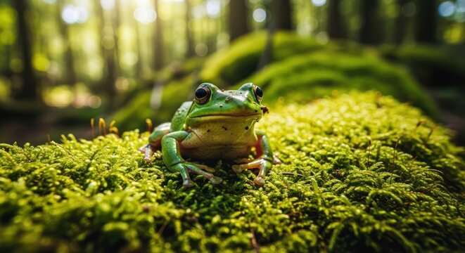 Vibrant Green Frog Perched on Lush Mossy Surface in Forest Sunlight.