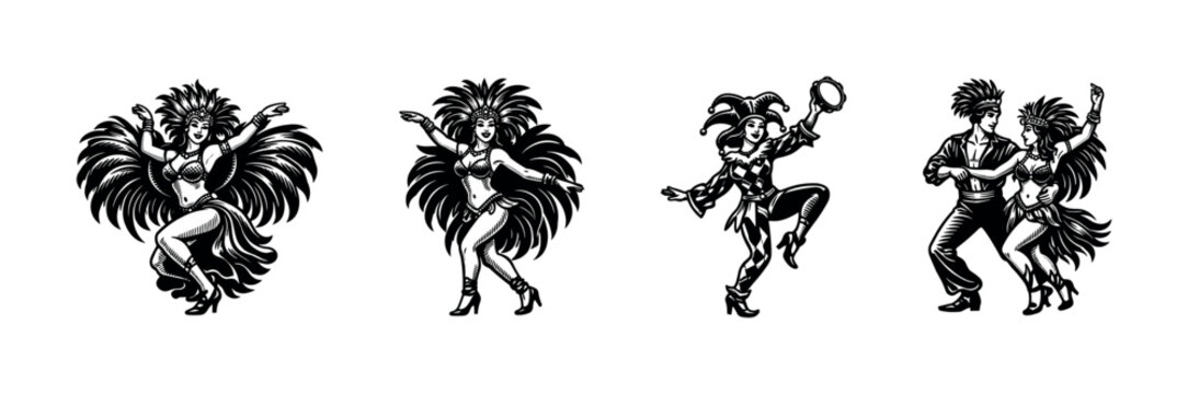Black and white vector illustrations of dancers in costume featuring brazilian carnival theme and jester