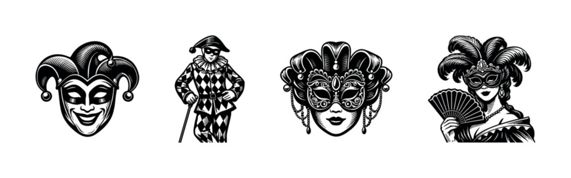 Harlequin and masquerade masks vector illustration, black and white silhouette, carnival theme