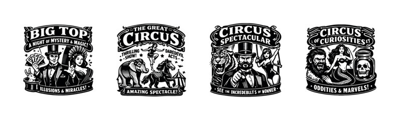 Vintage circus spectacular emblems featuring animals and performers vector silhouette illustration © UnIcons