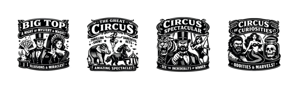 Vintage circus spectacular emblems featuring animals and performers vector silhouette illustration
