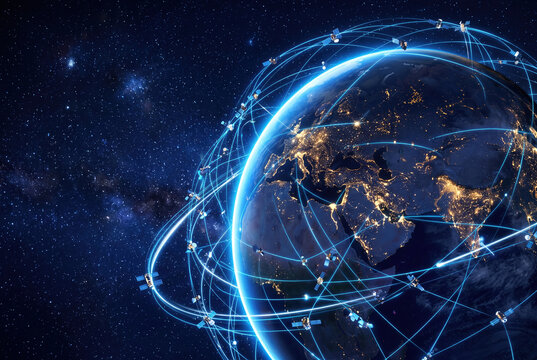 The view shows Earth with a network of bright lines linking different places around the globe. Many satellites are visible in space. The scene takes place at night