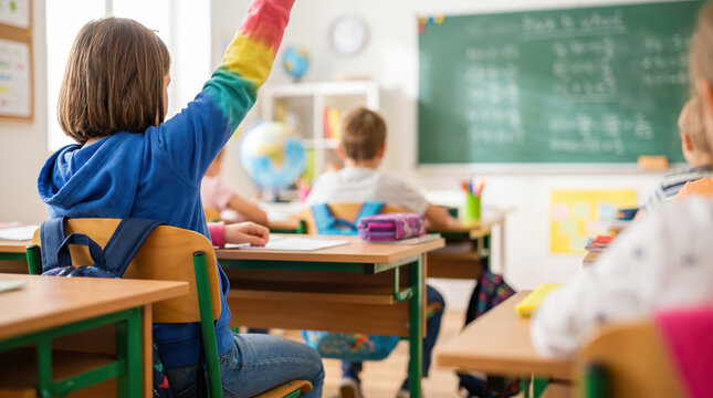 Children sit at desks in a bright classroom. One student raises a hand to ask a question. The teacher looks at the students. Learning takes place at this moment