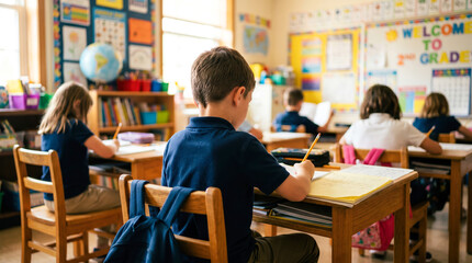 Obraz premium A group of students sit at desks in a classroom. They are focused on their work, writing and completing assignments. The room has colorful posters and learning materials