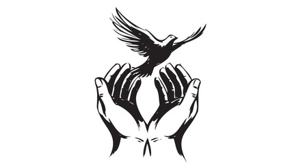 Bird flying out of hands, freedom symbol, black silhouette, vector icon, release concept © Uttom Kumar