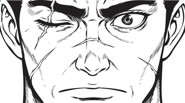Angry man face, cartoon illustration, black and white, vector graphics, emotive expression