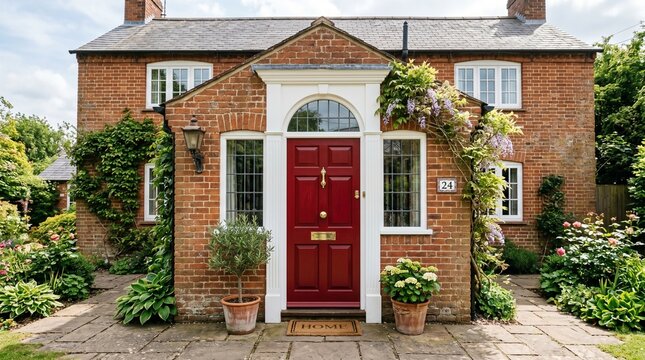 Brick house front door, deep red door with metallic handle, balanced composition, natural daylight, high detail