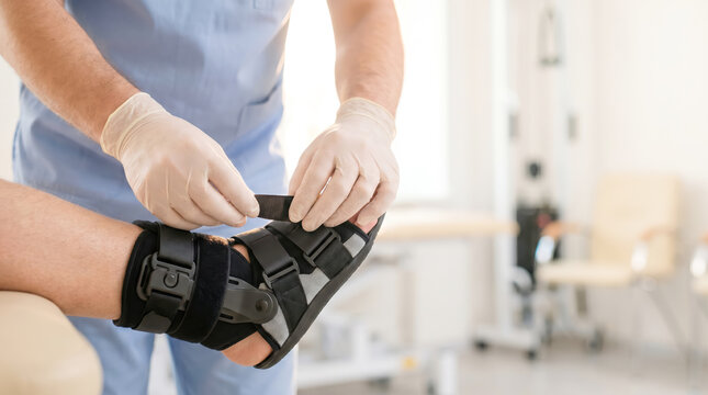 A medical professional applies a support brace to a patient's injured ankle. The setting is a clinic with equipment in the background. The staff wears gloves for safety