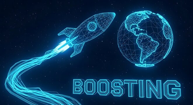 Rocket launching into space past earth the word 'boosting' in glowing digital text boosting technology progress