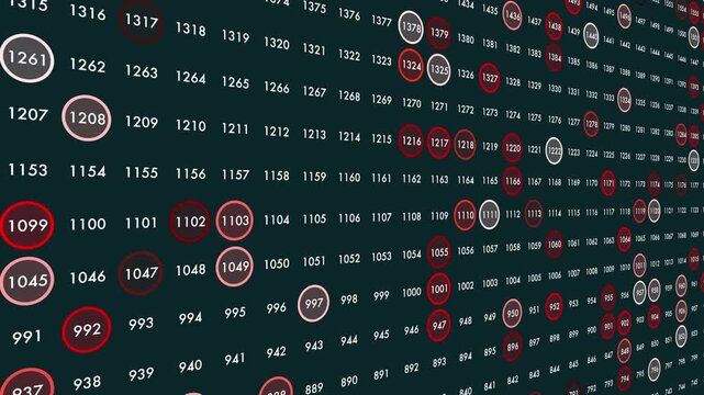 Footage of an abstract digital interface showing numbered nodes in circles connected by a network pattern on a dark background, ideal for technology, analytics, and data concepts