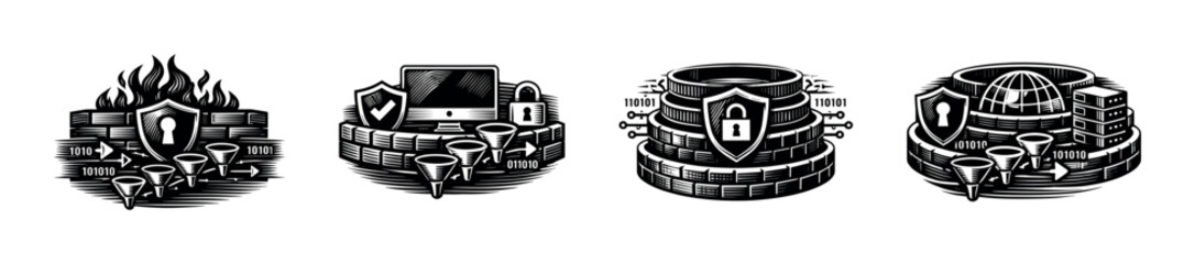 Cybersecurity illustrations with firewall and lock elements black and white vector clipart © UnIcons