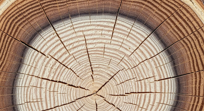 Wood grain cross section. Wood texture of cut tree. Closeup of tree trunk rings. 