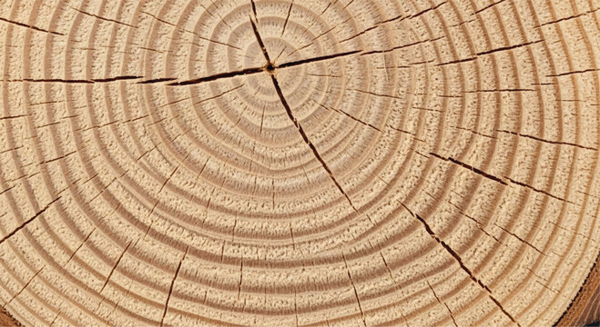 Wood grain cross section. Wood texture of cut tree. Closeup of tree trunk rings. 