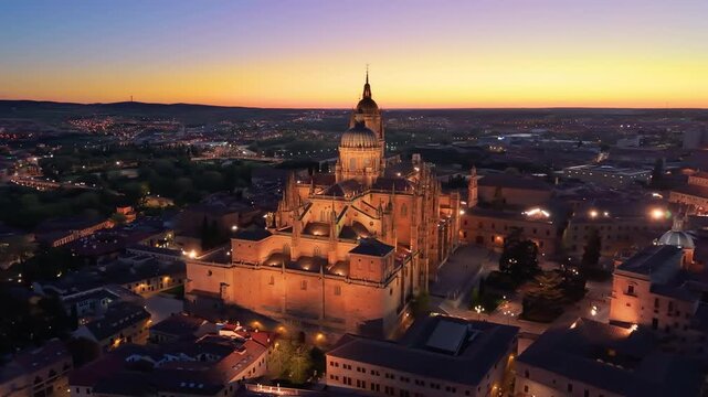 Aerial vbiew of Famous Church In Center Of Old Beautiful Town Of Salamanca, Spain