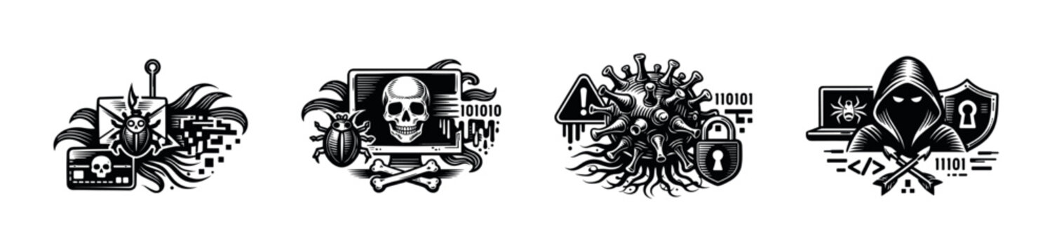 Cyber security threats illustration set, skull crossbones mask virus icons, black and white vector elements