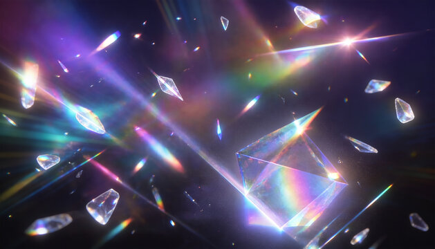 crystals with prism light refraction and rainbow glows on dark background