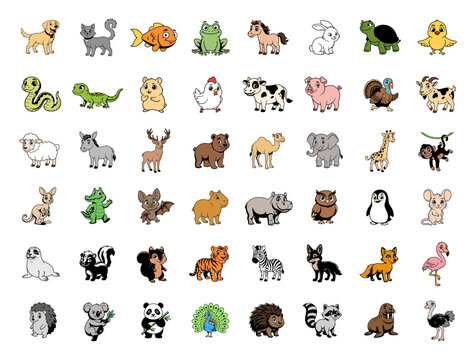 Big Set of 48 Cute Domestic Animals: Hand-Drawn Vector Illustrations for Kids and Nursery Decorвсе animals copia copy