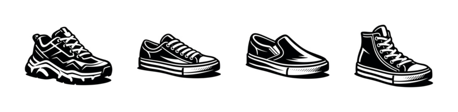 Black and white vector illustrations of various shoe types including sneakers and boots