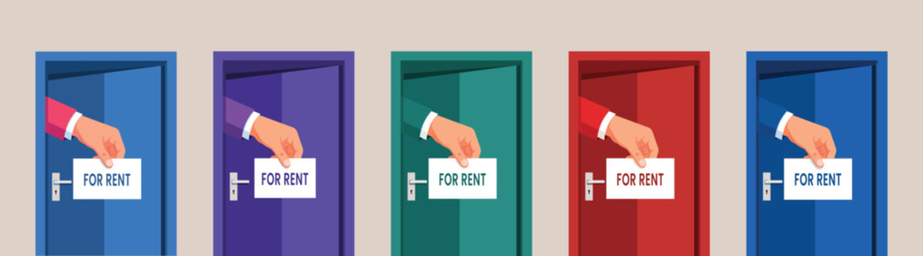 For rent property leasing sign held by human hand opening colorful flat doors vector bundle collection