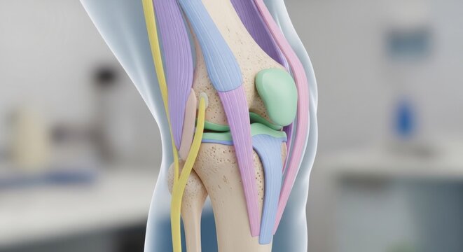 Anatomical illustration of a human knee joint showcasing ligaments and bones in detail.