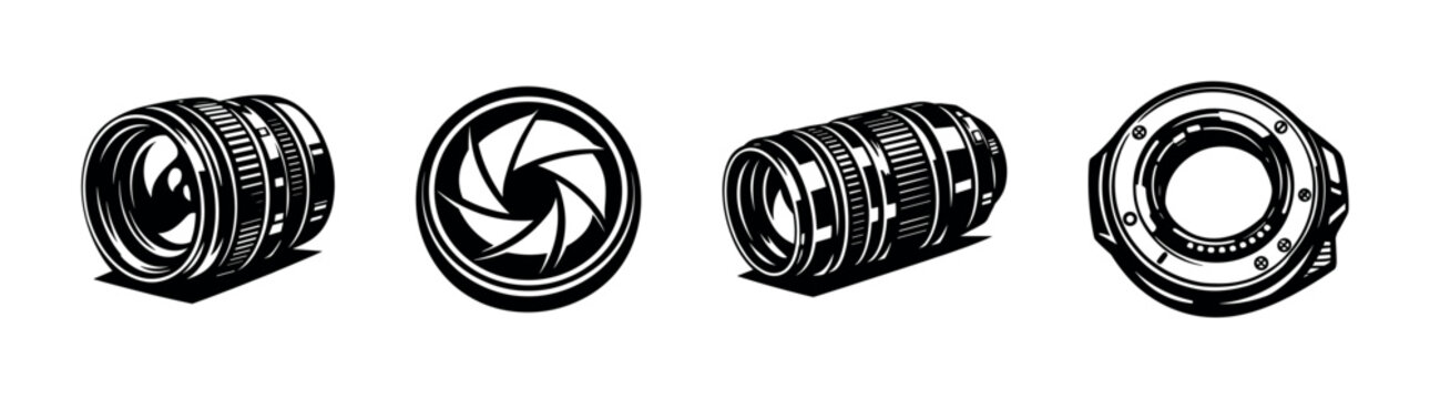 Black and white vector illustration of camera lenses and aperture elements for photography design