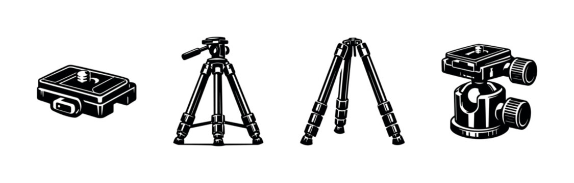 Camera tripod and accessories illustration set in black and white silhouette style