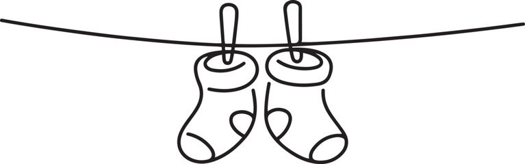Continuous one line drawing of baby socks hanging clothesline icon in silhouette on a white background. one line icon drawing vector