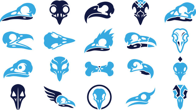 Collection of stylized bird skulls and bones in blue and black colors vector icons.